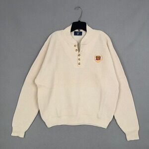 Vintage Cadillac Sweater Mens XL Cream Ribbed Logo Henley Preppy USA Crown Club